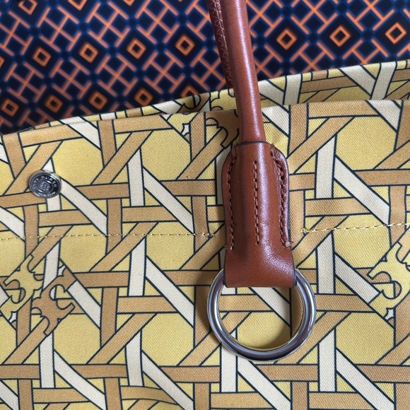 Tory Burch Canvas Basketweave Tote Bag Saffron Basketweave Gold Yellow Brown - Picture 3 of 10